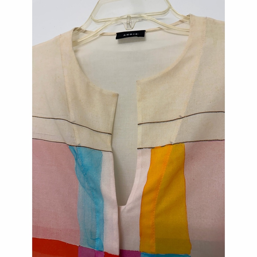 Akris Mural Print Cotton Shirt Tunic Blouse Red Beige Colorblock Geometric 6 - Picture 4 of 13